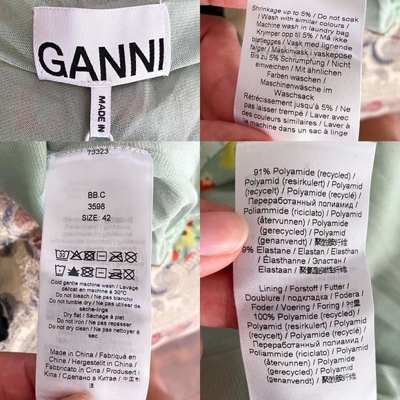 Ganni Top Printed Mesh Ruched Blouse Long Floral Sheer Meadow Celadon 42 NWT - Picture 3 of 8